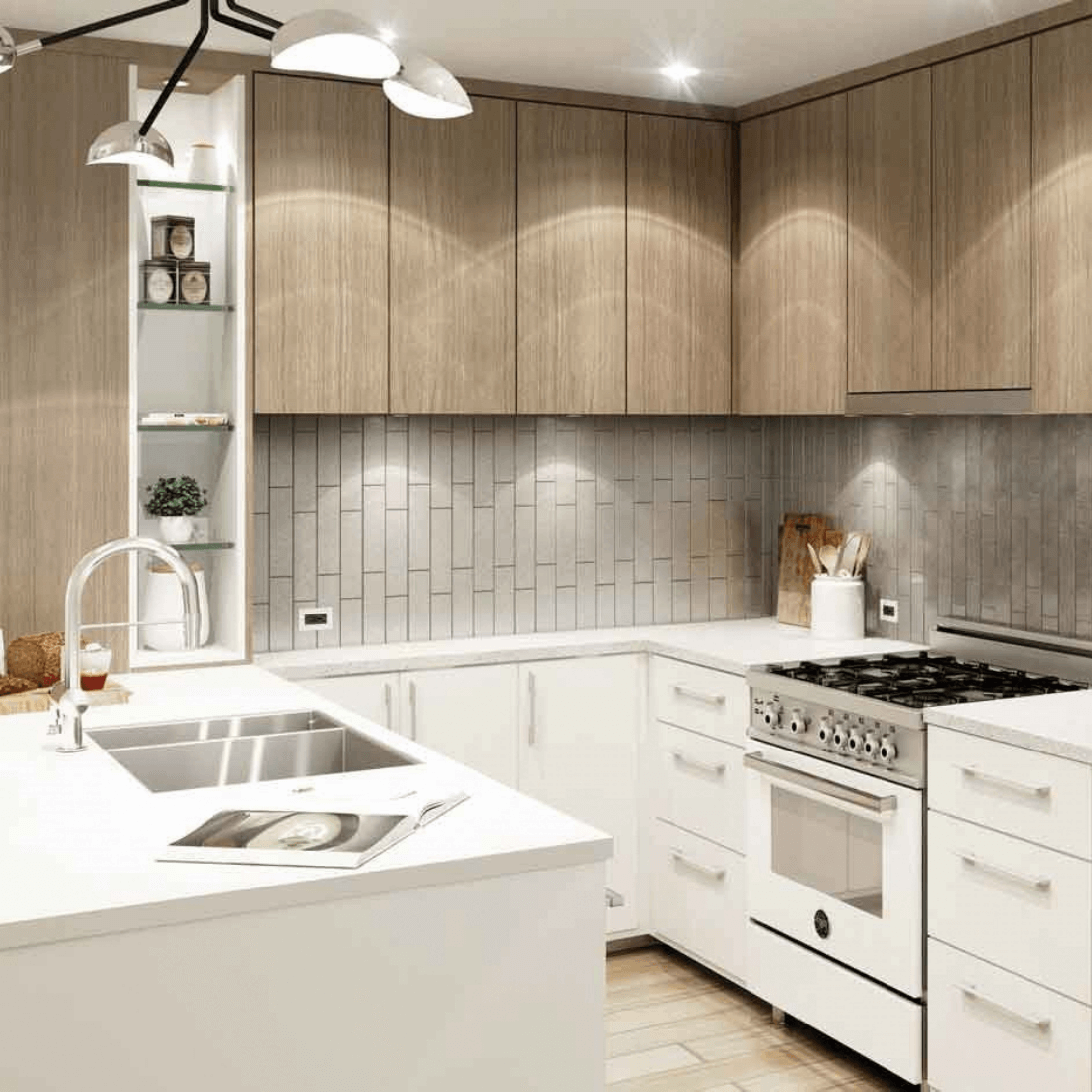 Fogão Bertazzoni Professional Branco 90cm 6 Bocas Forno Elétrico 108L em cozinha de piso branco com acabamento inox escovado e grelhas em ferro