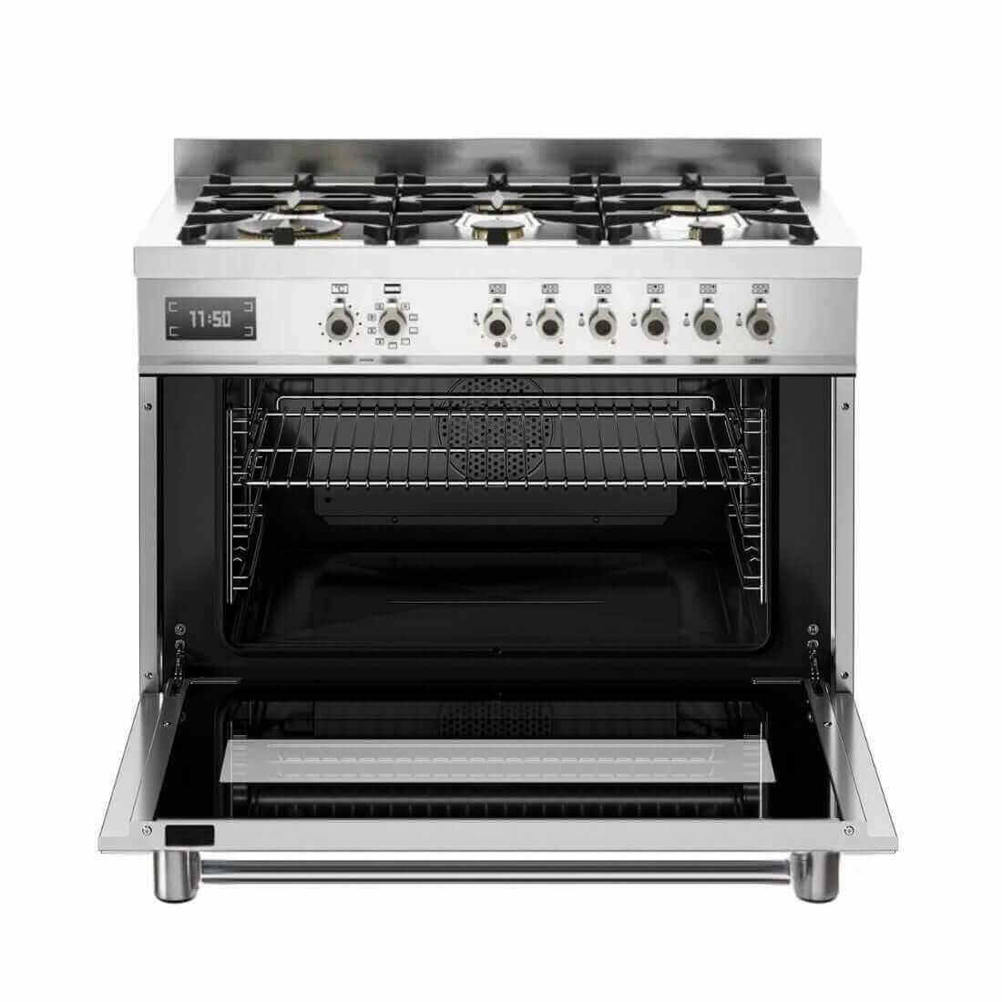 Fogão Bertazzoni Professional Inox 90cm 6 Bocas Forno Elétrico 108L em inox escovado, 6 bocas, grelhas em ferro fundido, painel com botões e forno elétrico aberto