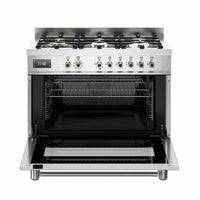 Fogão Bertazzoni Professional Inox 90cm 6 Bocas Forno Elétrico 108L em inox escovado, 6 bocas, grelhas em ferro fundido, painel com botões e forno elétrico aberto