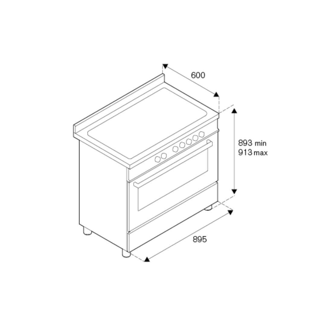 Fogão Bertazzoni Heritage Inox 90cm 6 Bocas Forno Elétrico 103L - desenho técnico de fogão de piso inox 6 bocas com painel frontal, puxador e medidas