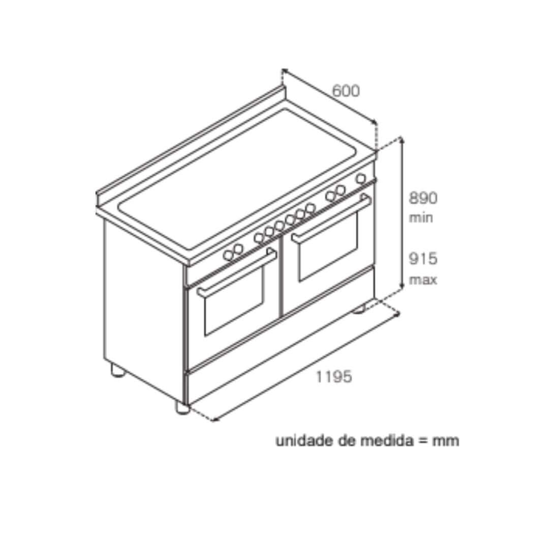 Fogão Bertazzoni Heritage Marfim 120cm 6 Bocas Forno Elétrico 138L — desenho técnico do fogão de piso creme 6 bocas com dois fornos e painel frontal com botões
