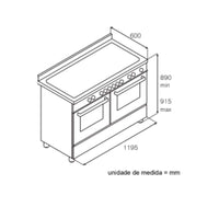 Fogão Bertazzoni Heritage Marfim 120cm 6 Bocas Forno Elétrico 138L — desenho técnico do fogão de piso creme 6 bocas com dois fornos e painel frontal com botões