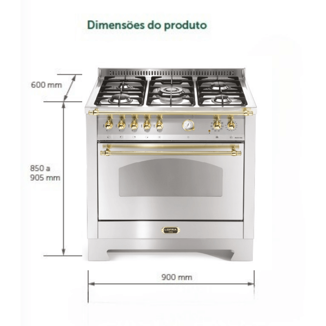 Fogão Lofra Dolcevita Inox 90cm 5 Bocas Forno Elétrico 102L - fogão de piso inox 5 bocas com forno elétrico, botões e puxadores dourados