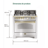 Fogão Lofra Dolcevita Inox 90cm 5 Bocas Forno Elétrico 102L - fogão de piso inox 5 bocas com forno elétrico, botões e puxadores dourados