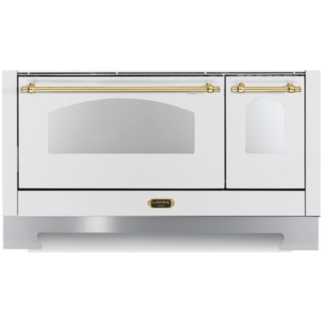 Fogão Lofra Dolcevita Branco 120cm 7 Bocas Forno Elétrico Duplo 124L em branco de piso com puxadores dourados, forno duplo e design italiano