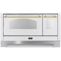 Fogão Lofra Dolcevita Branco 120cm 7 Bocas Forno Elétrico Duplo 124L em branco de piso com puxadores dourados, forno duplo e design italiano