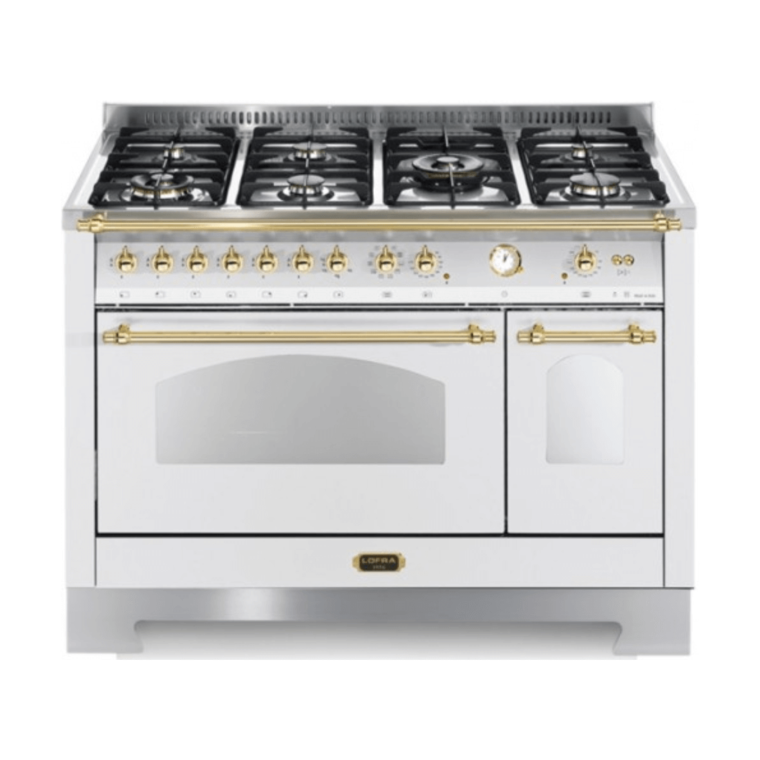 Fogão Lofra Dolcevita Branco 120cm 7 Bocas Forno Elétrico Duplo 124L, fogão de piso branco com grelhas em ferro fundido, puxadores dourados
