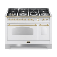 Fogão Lofra Dolcevita Branco 120cm 7 Bocas Forno Elétrico Duplo 124L, fogão de piso branco com grelhas em ferro fundido, puxadores dourados
