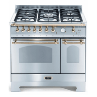 Fogão Lofra Dolcevita Inox 90cm 5 Bocas Forno Duplo Elétrico 106L — fogão de piso inox 5 bocas, forno duplo elétrico, puxadores dourados