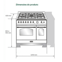 Fogão Lofra Dolcevita Branco 120cm 7 Bocas Forno Elétrico Duplo 124L: fogão de piso branco 7 bocas com grelhas e forno elétrico duplo, puxadores e painel frontal