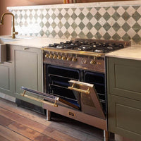 Fogão Lofra Dolcevita Inox 90cm 5 Bocas Forno Duplo Elétrico 106L - fogão de piso inox 5 bocas com forno duplo elétrico, puxadores dourados e grelhas profissionais