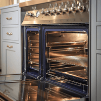 Fogão Lofra Dolcevita Inox 90cm 5 Bocas Forno Duplo Elétrico 106L, fogão de piso inox com 5 bocas, forno duplo aberto e puxadores cromados