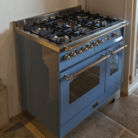 Fogão Lofra Dolcevita Lavanda 90cm 5 Bocas Forno Duplo Elétrico 106L - fogão de piso azul lavanda com acabamento inox, 5 bocas e forno duplo elétrico
