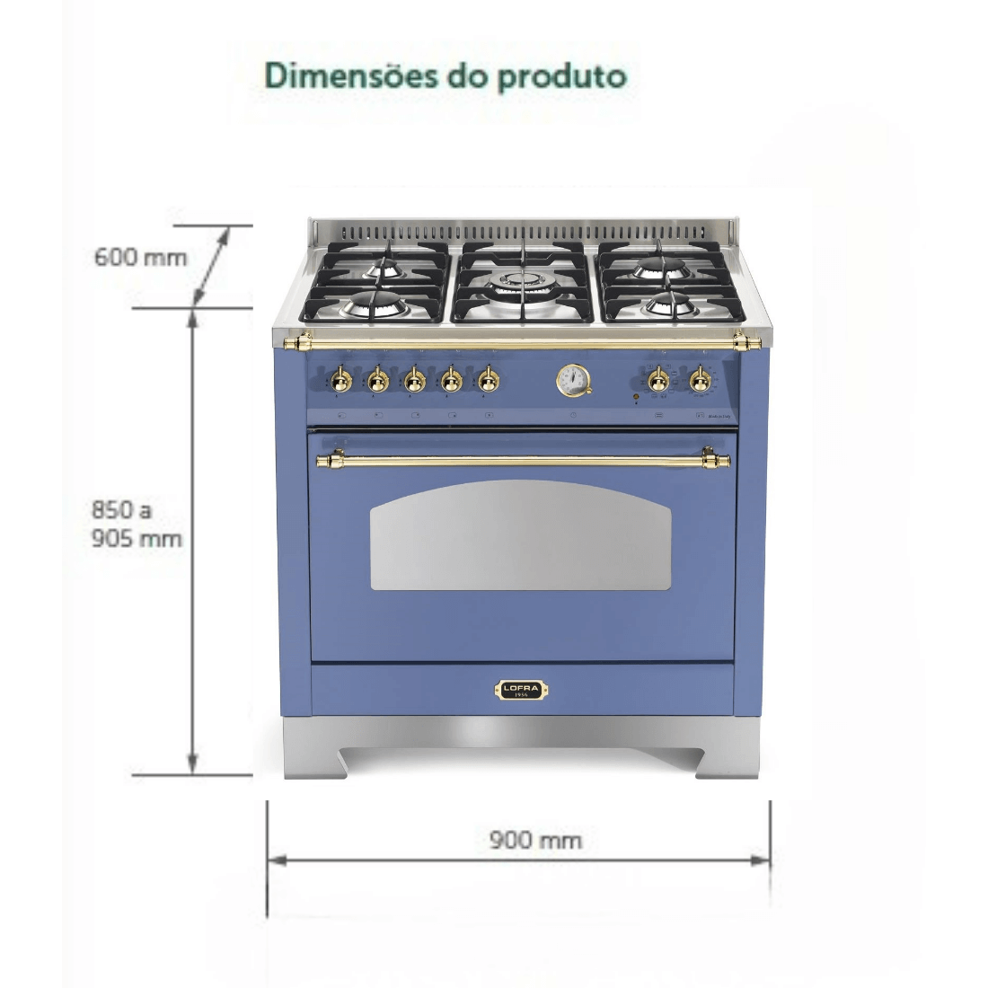 Fogão Lofra Dolcevita Lavanda 90cm 5 Bocas Forno Elétrico 102L em lavanda, piso com grelhas inox, botões dourados e design profissional