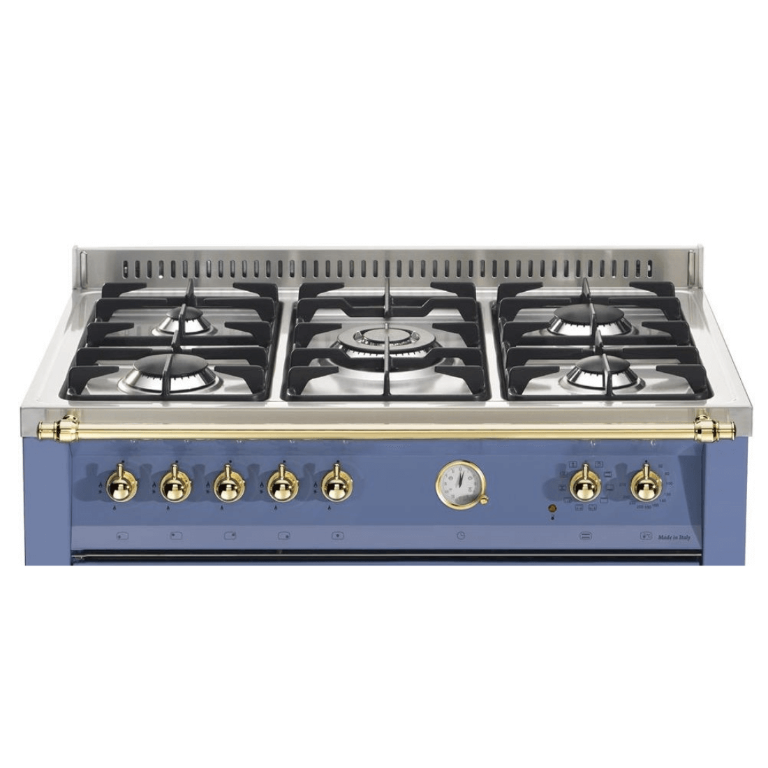 Fogão Lofra Dolcevita Lavanda 90cm 5 Bocas Forno Elétrico 102L de piso lavanda com grelhas ferro fundido, queimadores Sabaf e painel com botões dourados