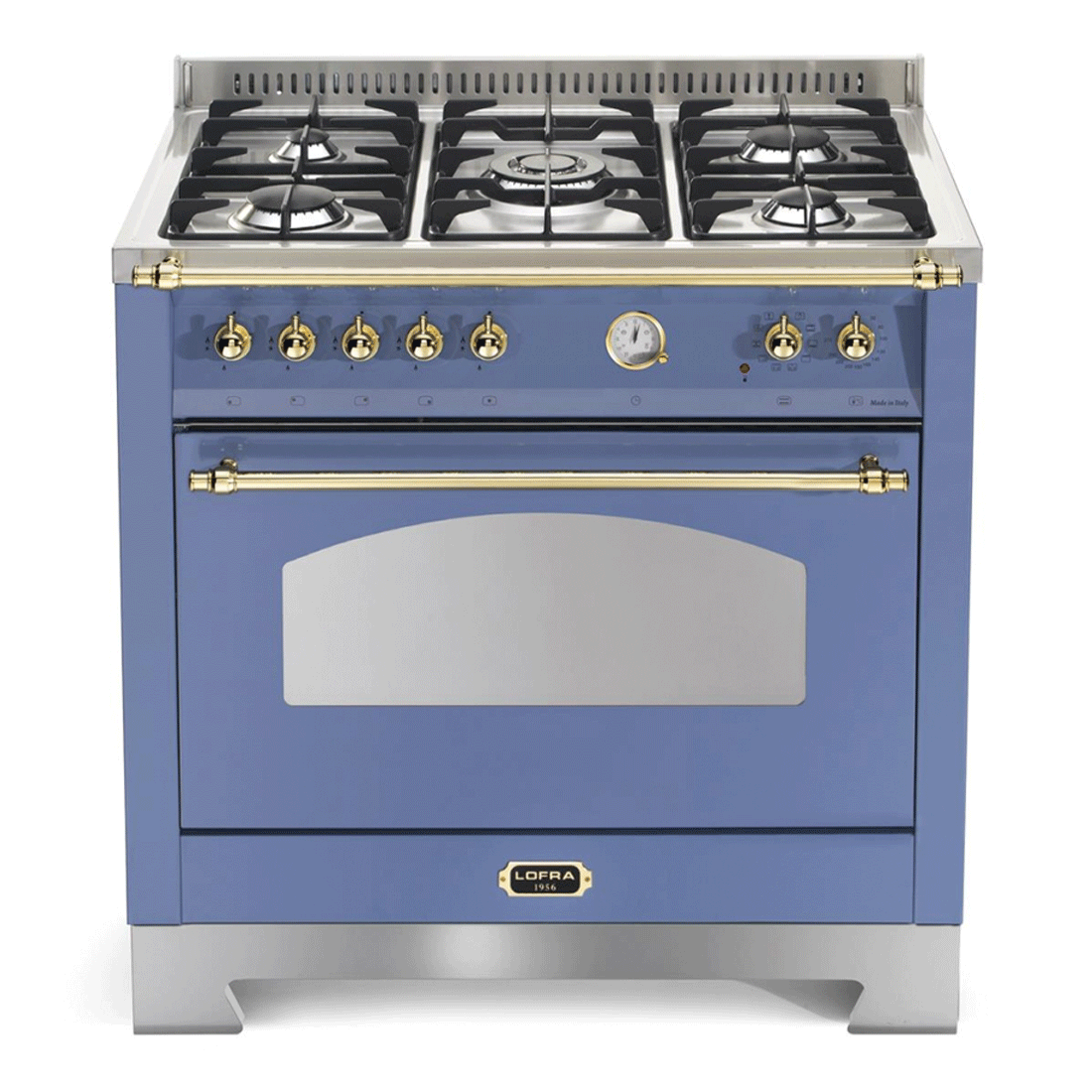 Fogão Lofra Dolcevita Lavanda 90cm 5 Bocas Forno Elétrico 102L: fogão de piso lavanda com acabamento inox e dourado, 5 bocas, forno elétrico e grelhas em ferro fundido