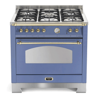 Fogão Lofra Dolcevita Lavanda 90cm 5 Bocas Forno Elétrico 102L: fogão de piso lavanda com acabamento inox e dourado, 5 bocas, forno elétrico e grelhas em ferro fundido