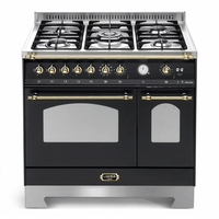 Fogão Lofra Dolcevita Preto 90cm 5 Bocas Forno Duplo Elétrico 106L: fogão de piso preto fosco com 5 queimadores Sabaf, grelhas ferro fundido e puxadores dourados