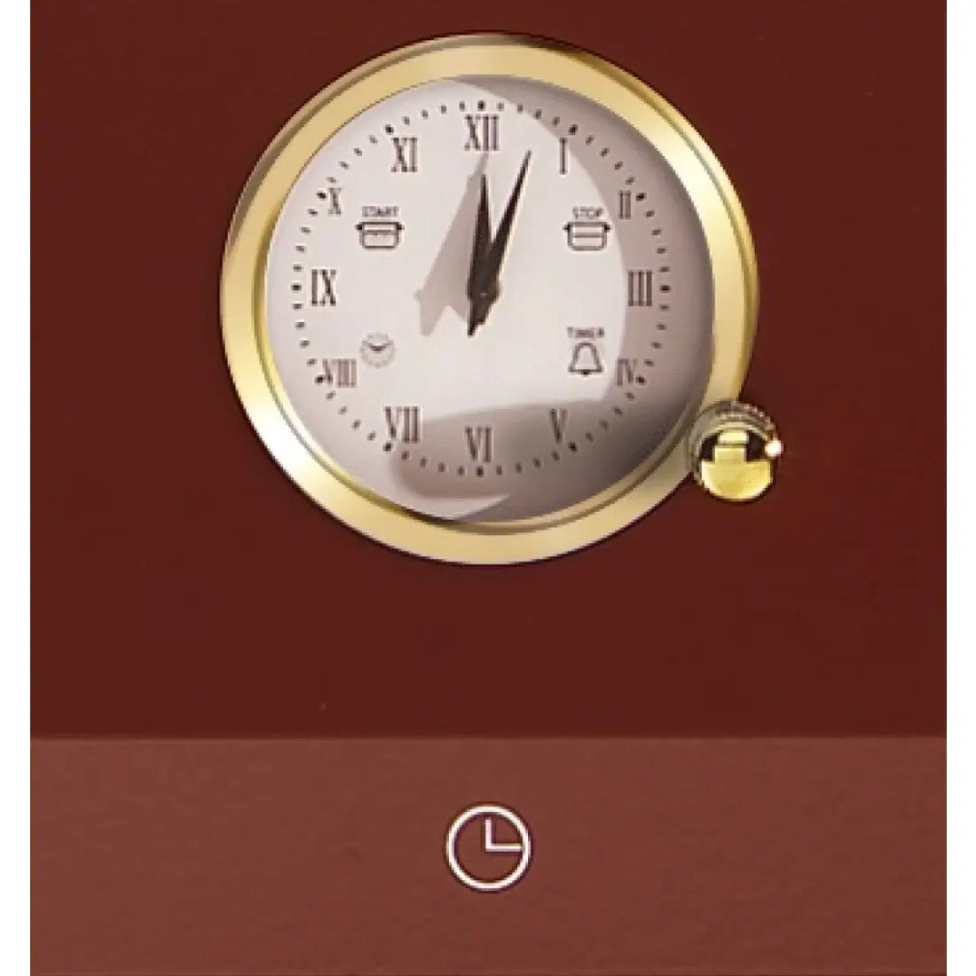 Fogão Lofra Dolcevita Vinho 90cm 5 Bocas Forno Elétrico 102 Litros mostrador analógico dourado no painel frontal do fogão de piso vinho