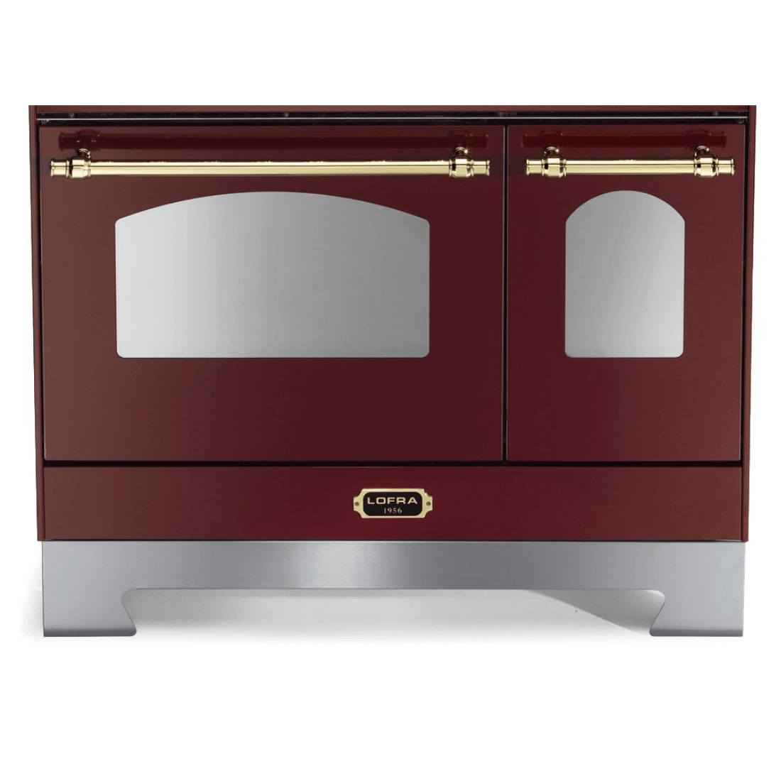 Fogão Lofra Dolcevita Vinho 90cm 5 Bocas Forno Duplo Elétrico 106L em vinho, fogão de piso com dois fornos elétricos, puxadores dourados e acabamento inox