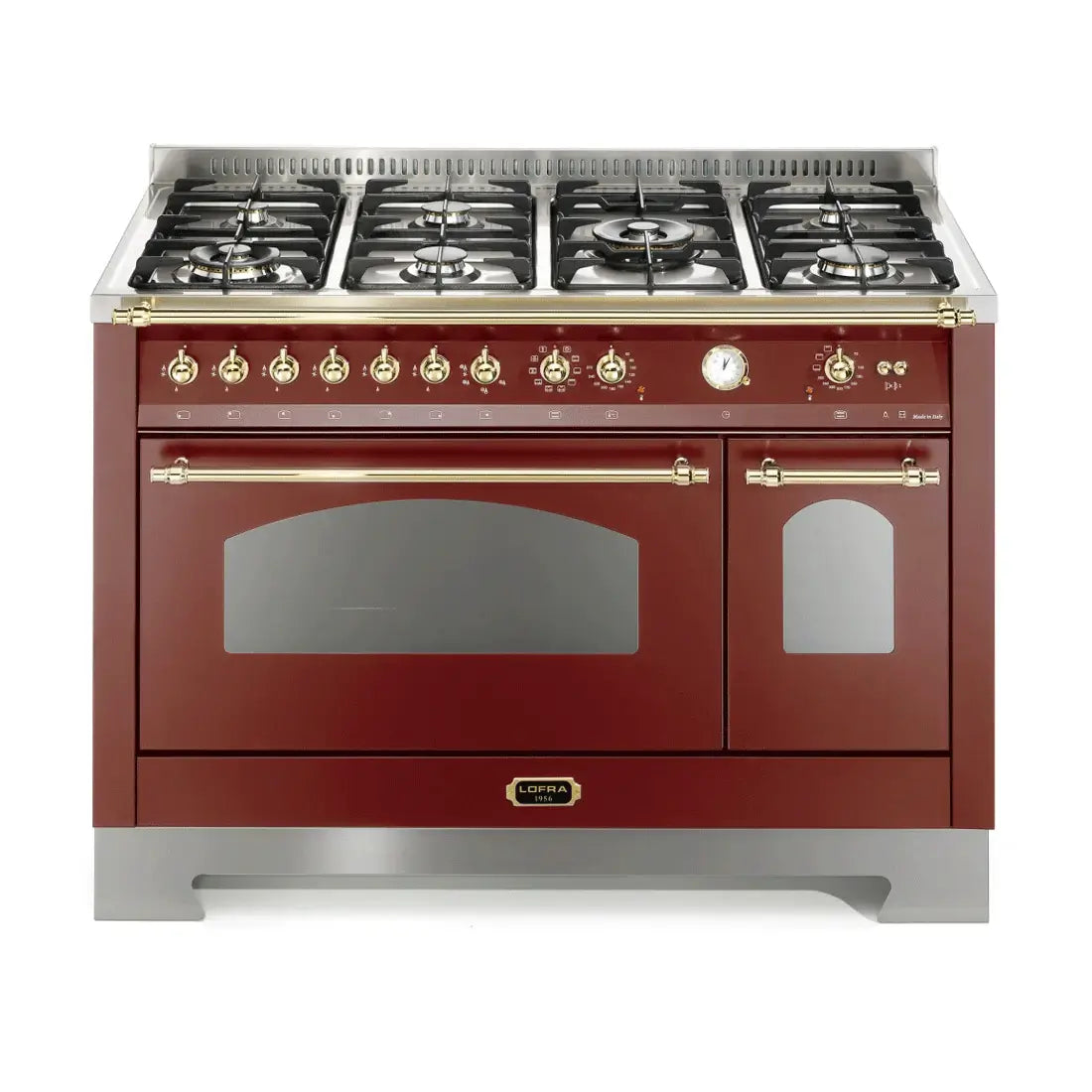 Fogão Lofra Dolcevita Vinho 120cm 7 Bocas Forno Elétrico Duplo 124L — fogão de piso vinho com acabamento inox, 7 bocas, forno elétrico duplo e grelhas ferro fundido