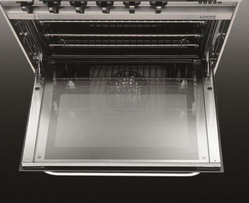 Fogão Lofra New Maxima Inox 90cm 5 Bocas Forno a Gás 102L de piso em inox polido com forno a gás aberto, puxador robusto e painel superior com botões