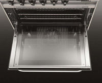 Fogão Lofra New Maxima Inox 90cm 5 Bocas Forno a Gás 102L de piso em inox polido com forno a gás aberto, puxador robusto e painel superior com botões