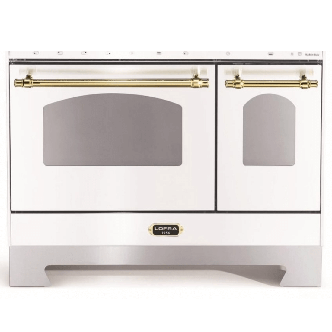 Fogão Lofra Dolcevita Branco 90cm 5 Bocas Forno Duplo Elétrico 106L em branco de piso com puxadores dourados e dois fornos visíveis
