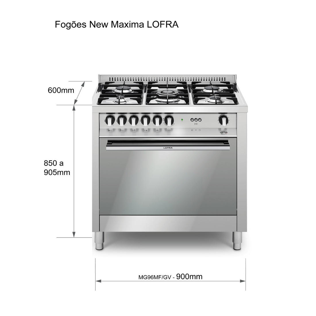 Fogão Lofra New Maxima Inox 90cm 5 Bocas Forno a Gás 102L - fogão de piso inox polido com 5 bocas, trempes de ferro e painel com puxadores