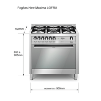 Fogão Lofra New Maxima Inox 90cm 5 Bocas Forno a Gás 102L - fogão de piso inox polido com 5 bocas, trempes de ferro e painel com puxadores