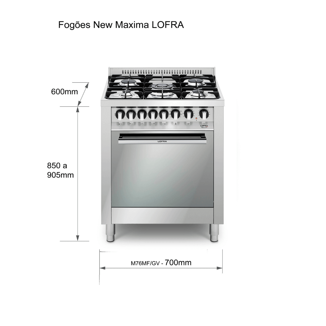 Fogão Lofra New Maxima Inox 70cm 5 Bocas Forno a Gás 72 Litros, fogão de piso inox polido 5 bocas com trempes robustas e painel frontal com botões