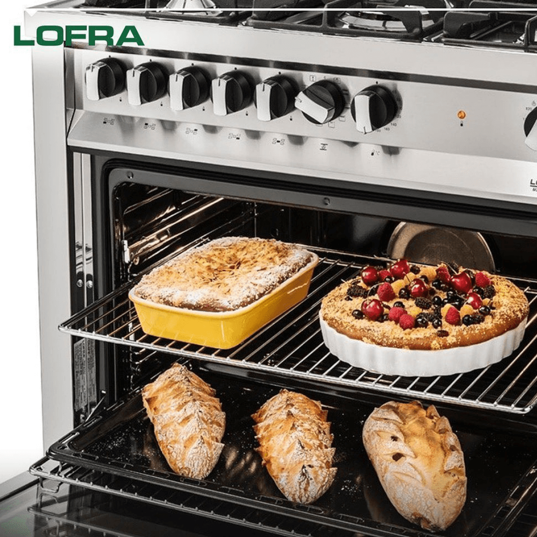 Fogão Lofra New Maxima Inox 90cm 5 Bocas Forno Elétrico 102 Litros de piso inox com 5 botões, forno elétrico aberto e grelhas em inox