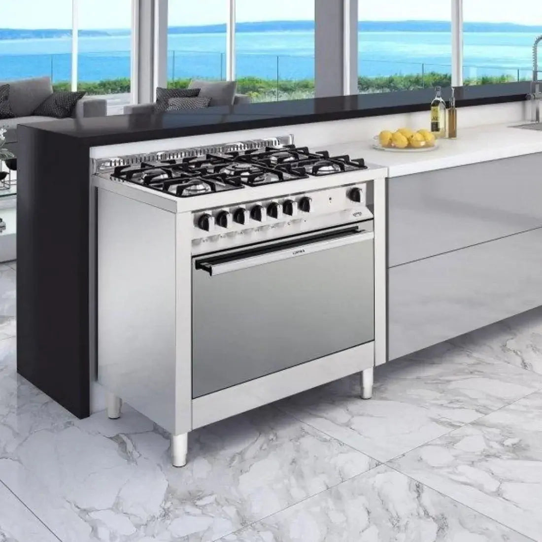Fogão Lofra New Maxima Inox 90cm 5 Bocas Forno a Gás 102L fogão de piso inox polido 5 bocas com trempes em ferro e painel cromado