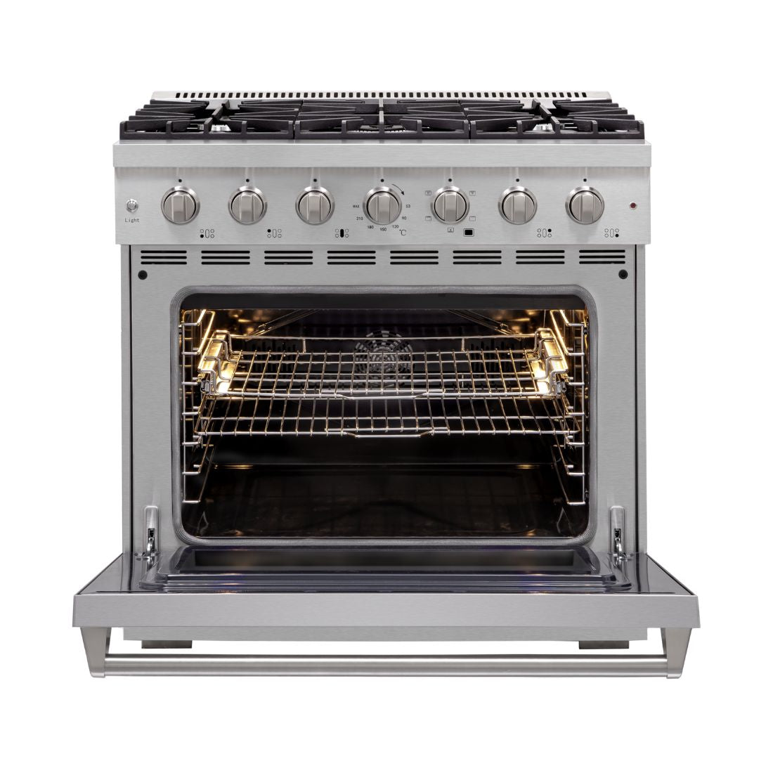 Fogão Evol Potenza 5 bocas inox com forno elétrico 160L aberto e trempes em ferro