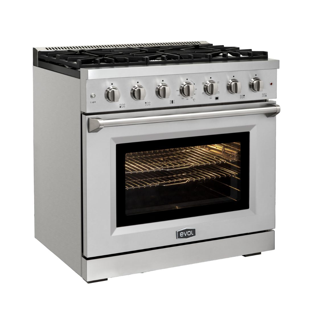 Fogão Evol Potenza 5 bocas inox com forno elétrico 160L, mesa com queimadores Sabaf e trempes em ferro