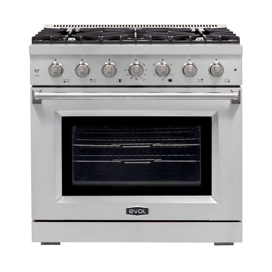 Fogão Evol Potenza 5 bocas inox com forno elétrico 160L, trempes em ferro e queimadores Sabaf — frente do produto