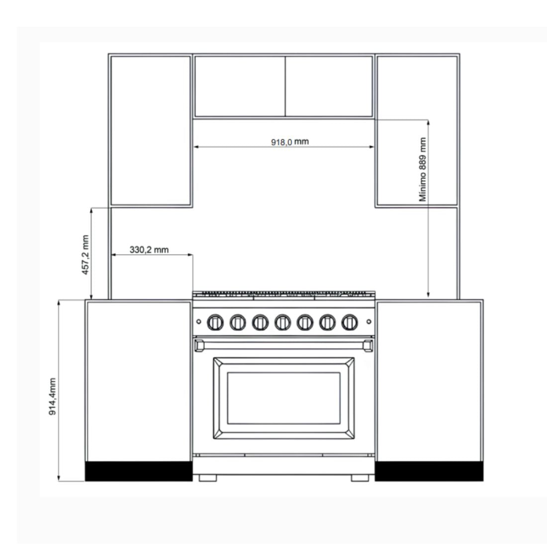 Fogão Evol Potenza 5 bocas inox com medidas de nicho e dimensões frontais para instalação