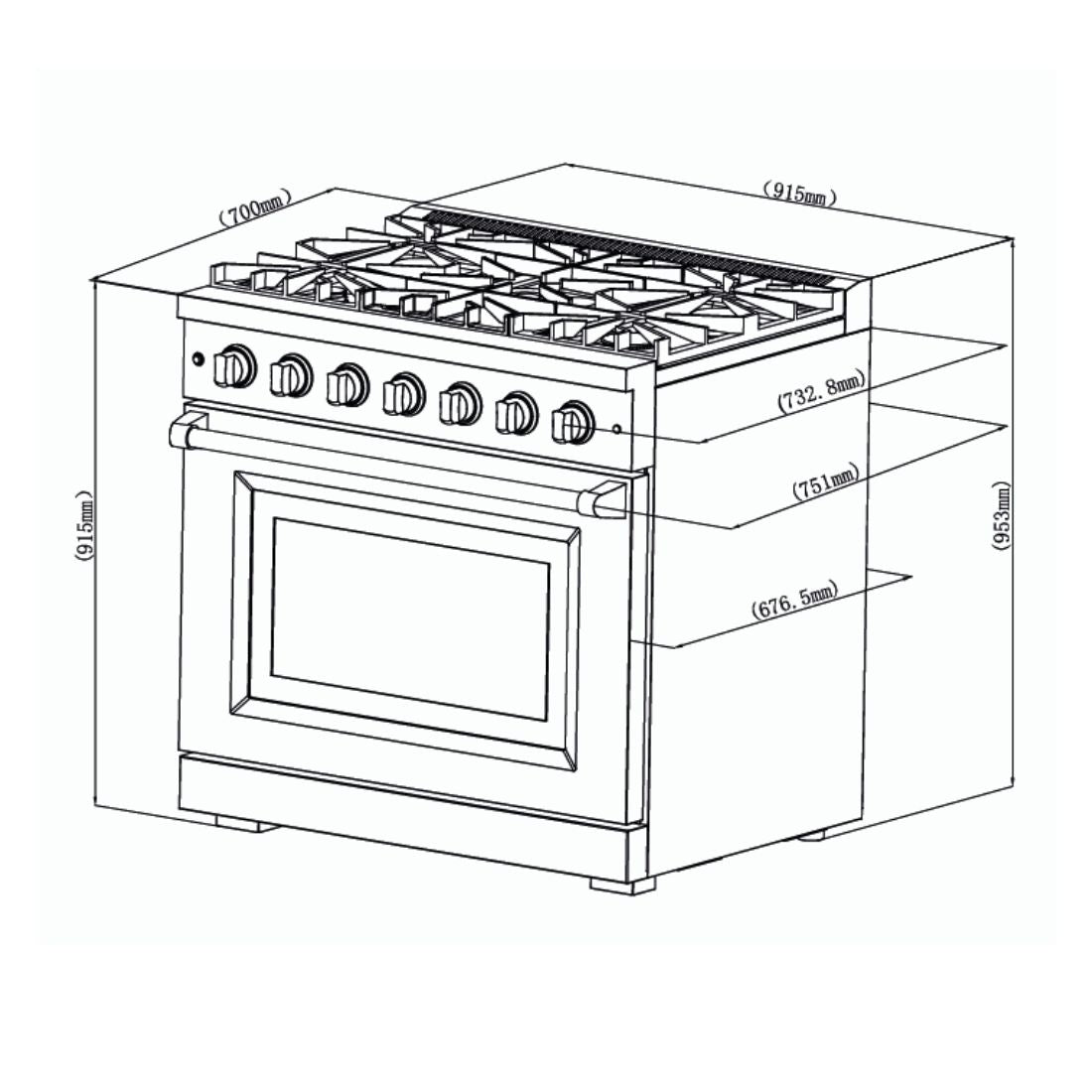 Fogão Evol Potenza 5 bocas desenho técnico com medidas do forno elétrico inox 91cm e trempes em ferro