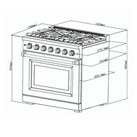 Fogão Evol Potenza 5 bocas desenho técnico com medidas do forno elétrico inox 91cm e trempes em ferro