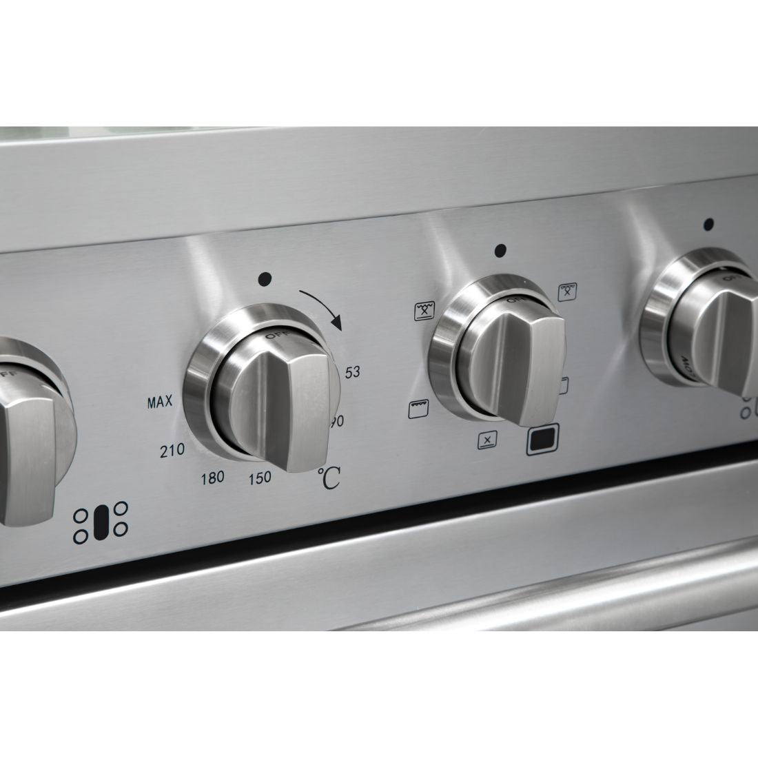 Fogão Evol Potenza painel inox com botões de controle do forno elétrico e marcações de temperatura