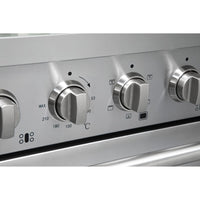 Fogão Evol Potenza painel inox com botões de controle do forno elétrico e marcações de temperatura