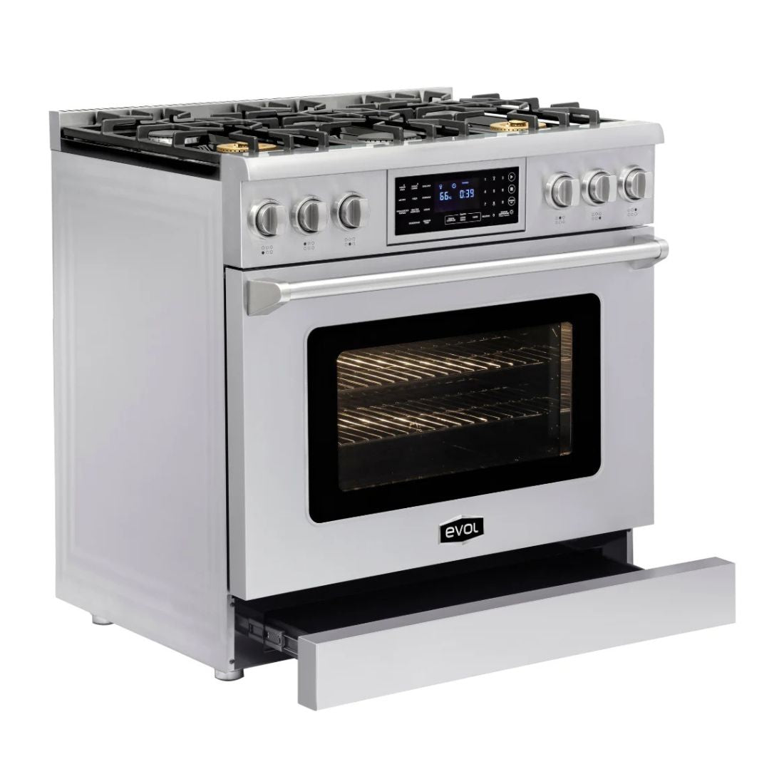 Fogão Evol Profissional 6 bocas inox com forno elétrico 163L e Air Fryer painel digital e gaveta de aquecimento