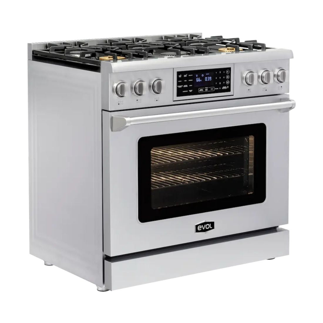 Fogão Evol Profissional 6 bocas inox com forno elétrico 163L e Air Fryer, frente e painel digital