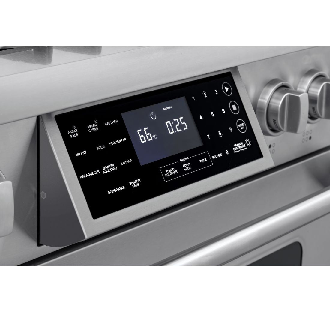 Fogão Evol Profissional painel digital com display do forno e comandos touch do modelo 6 bocas com air fryer