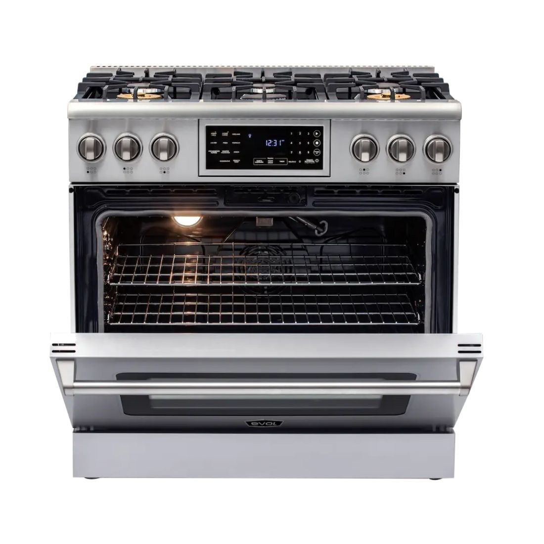 Alt Tag: Fogão Evol Profissional 6 bocas inox com forno elétrico 163L aberto e painel digital com Air Fryer integrado