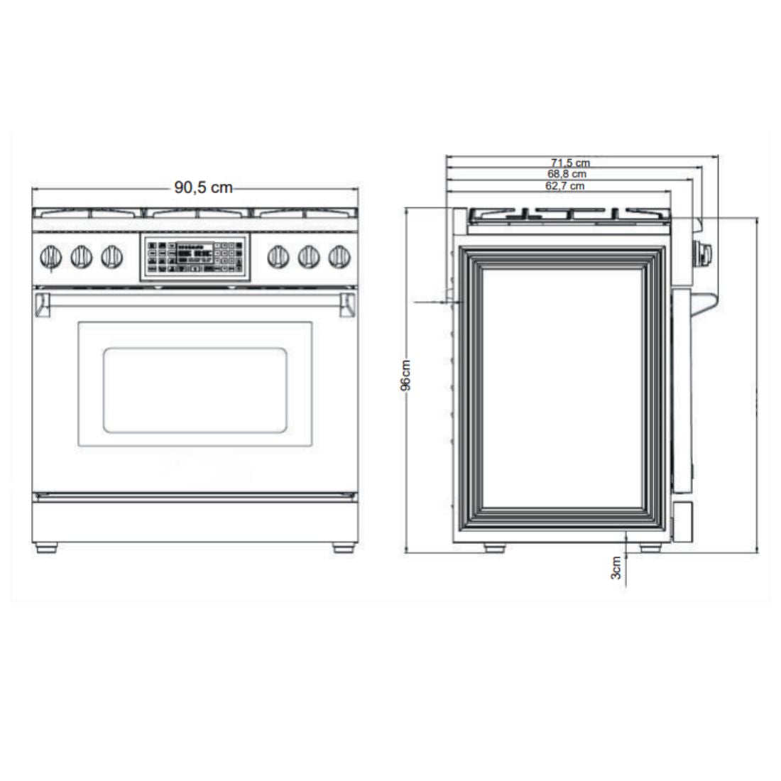 Fogão Evol Profissional 6 bocas com forno elétrico 163L e Air Fryer, vista frontal e lateral com medidas 91cm