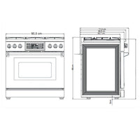 Fogão Evol Profissional 6 bocas com forno elétrico 163L e Air Fryer, vista frontal e lateral com medidas 91cm