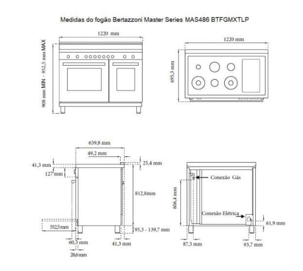 Fogão Bertazzoni Master Inox 122cm 6 Bocas Forno á Gás Duplo 201L desenho técnico com medidas frontais, laterais e planta, inox, 6 bocas