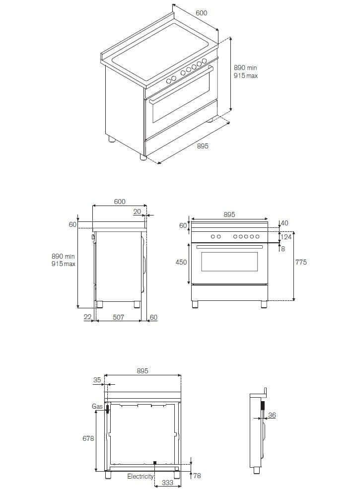 Fogão Bertazzoni Professional Indução 90cm 5 Zonas com Forno Elétrico, desenho técnico do fogão de piso inox 5 zonas com medidas e painel frontal