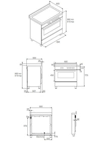 Fogão Bertazzoni Professional Indução 90cm 5 Zonas com Forno Elétrico, desenho técnico do fogão de piso inox 5 zonas com medidas e painel frontal